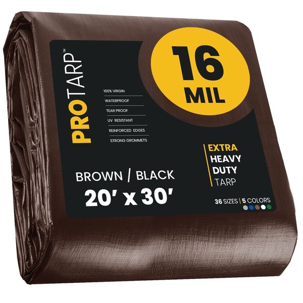 Protarp 20 ft x 30 ft Heavy Duty 16 Mil Tarp, Brown/Black, Polyethylene, Waterproof, Rip and Tear Proof PT-102-20X30